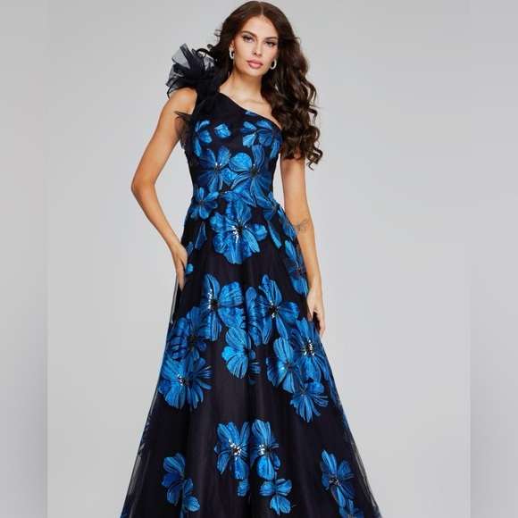 Jovani One Shoulder Black Blue Embroidered Gown - Picture 2 of 9